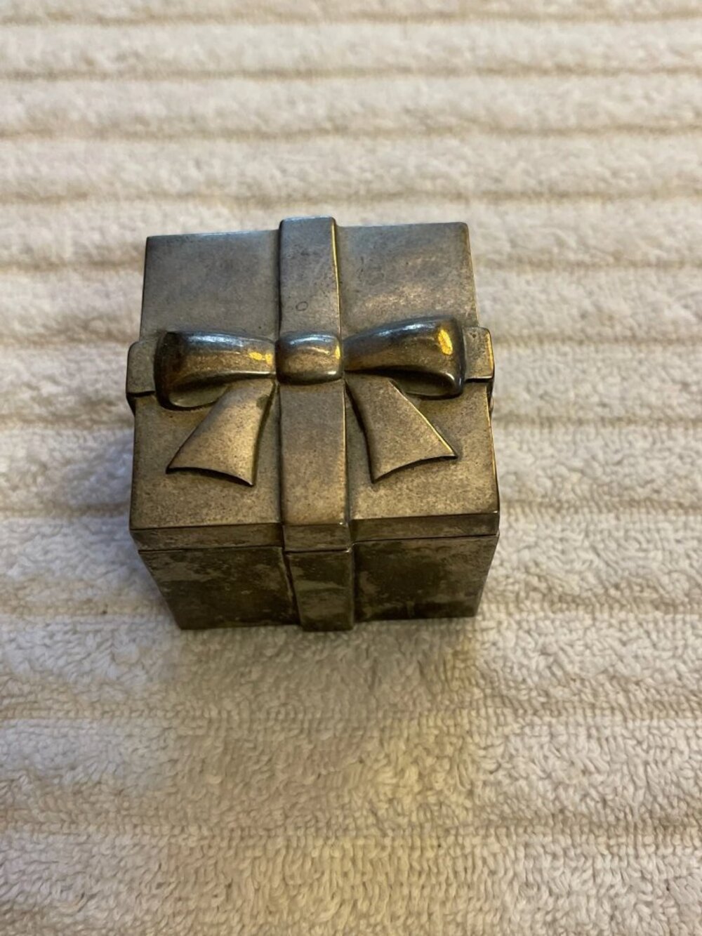 Pottery Barn Silverplated 'Gift with Bow' Box Candle Holder, Trinket Box, Heavy